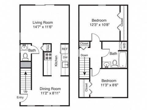 Floor plan for 2 beds, 1.5 baths, 930 sqft